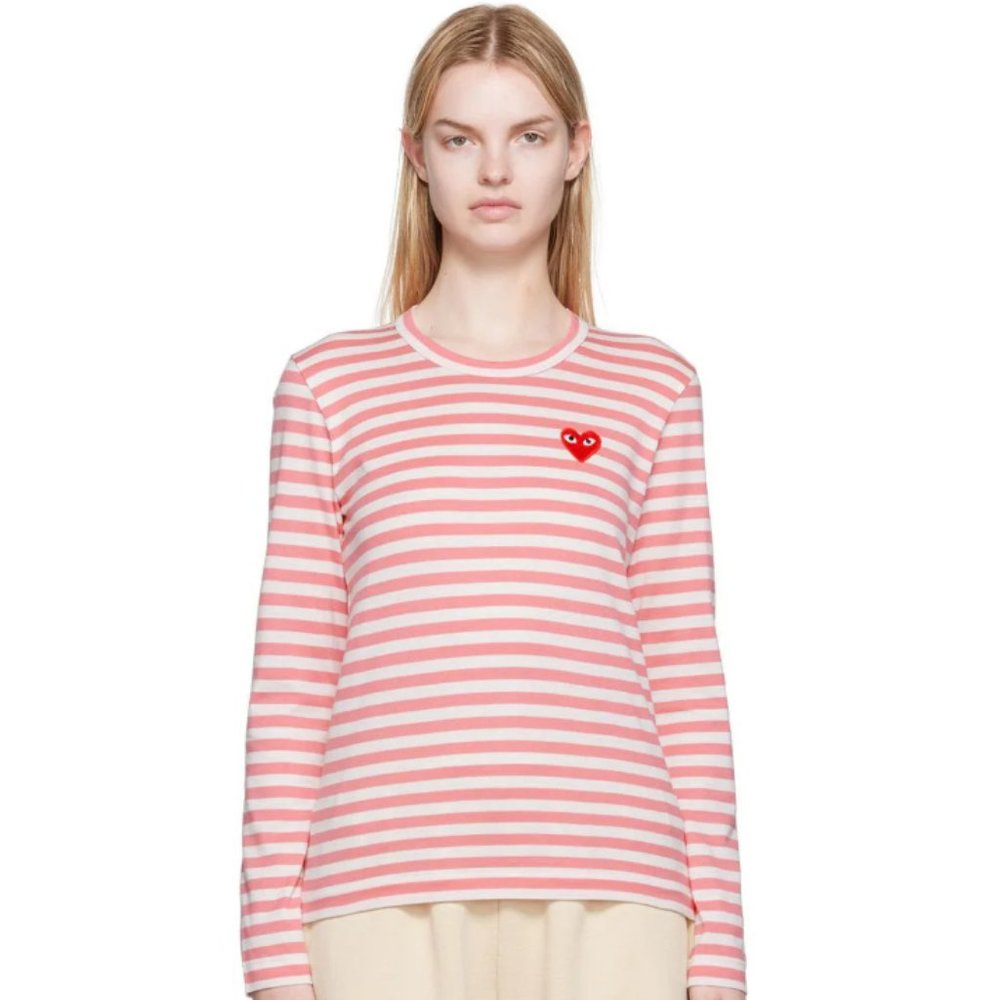 Comme des Garcons PLAY Pink Striped T-shirt Long Sleeves Cotton Size L Women EUC